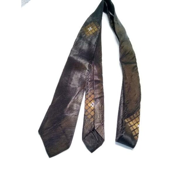Dark Brown with a Goldish Brown Diamond Pattern Print Necktie Woven Tie - Picture 2 of 5